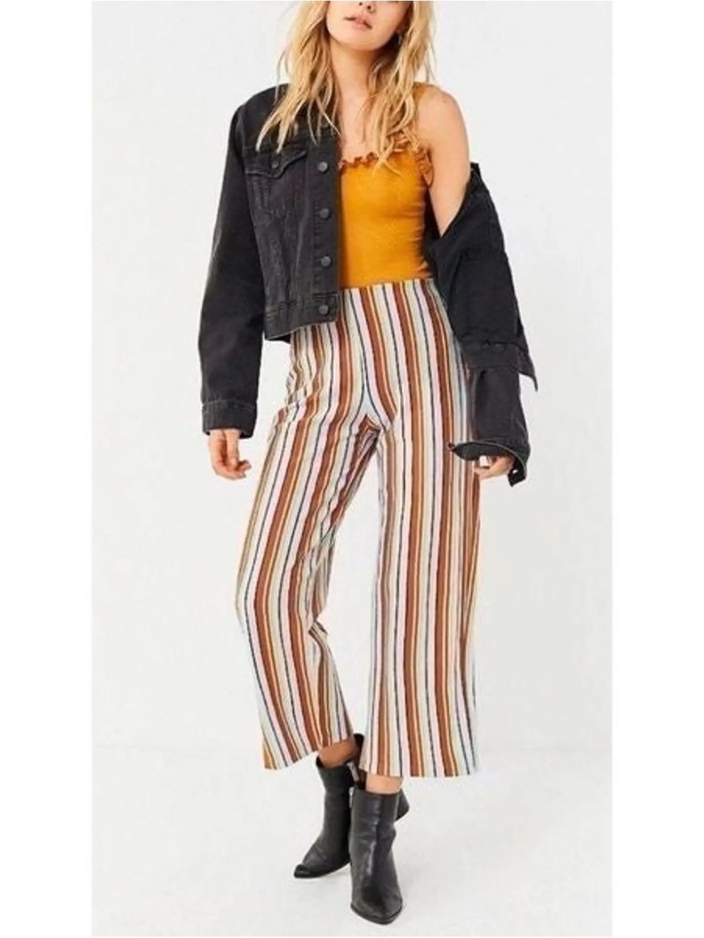 silence + noise Striped Wide-Leg Cropped Pants in Mustard, Brown, White